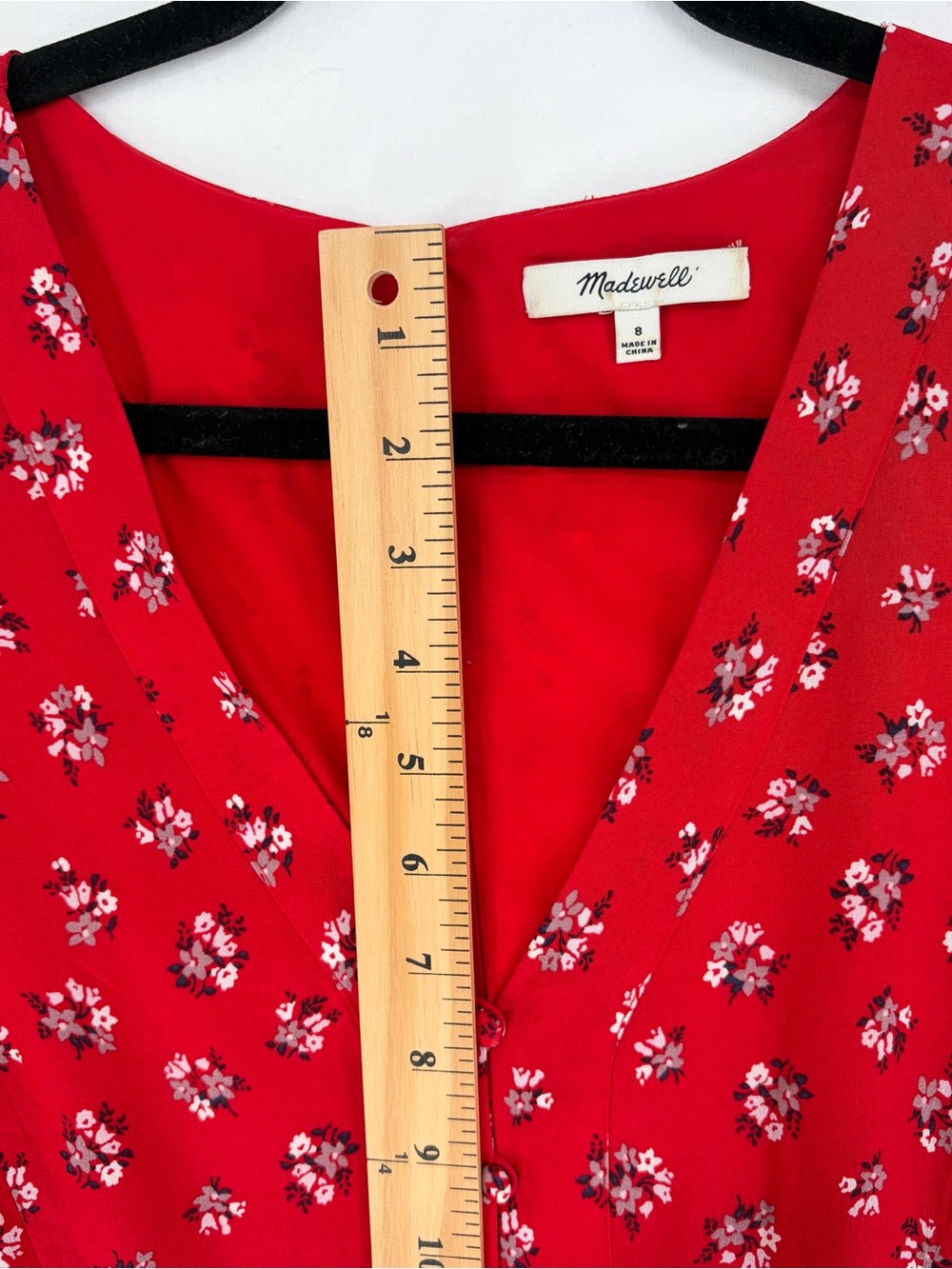 Madewell Babydoll Dress Red Floral Sz 8 100% Silk 90s Style V-Neck Button Front - Picture 9 of 14